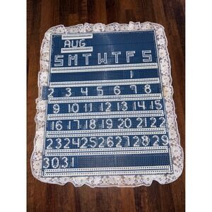 Vtg‎ Blue Plastic Canvas Needlepoint Perpetual Calendar Lace Handmade Gramcore